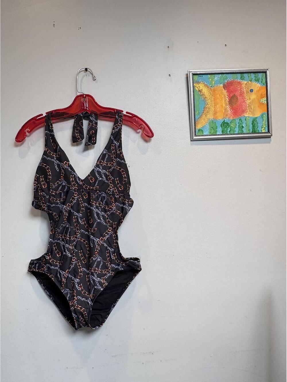 Black One-Piece Swimsuit with Chain Print and Cutouts